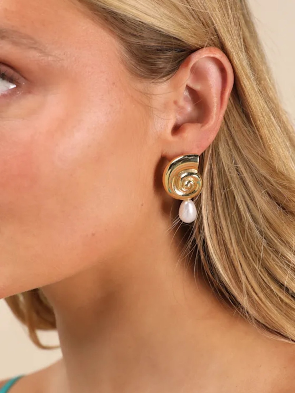 Lulu's Gold Spiral Earrings with White Pearl Drop